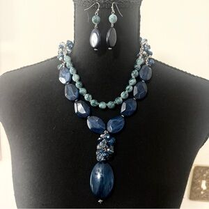 Elegant Blue & Teal Beaded Statement Necklace Set with Earrings